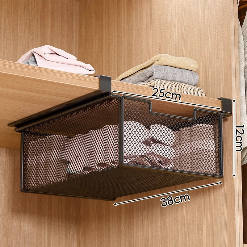 Under-Shelf Pull-Out Metal Mesh Closet Basket Organiser with Clamp Rail