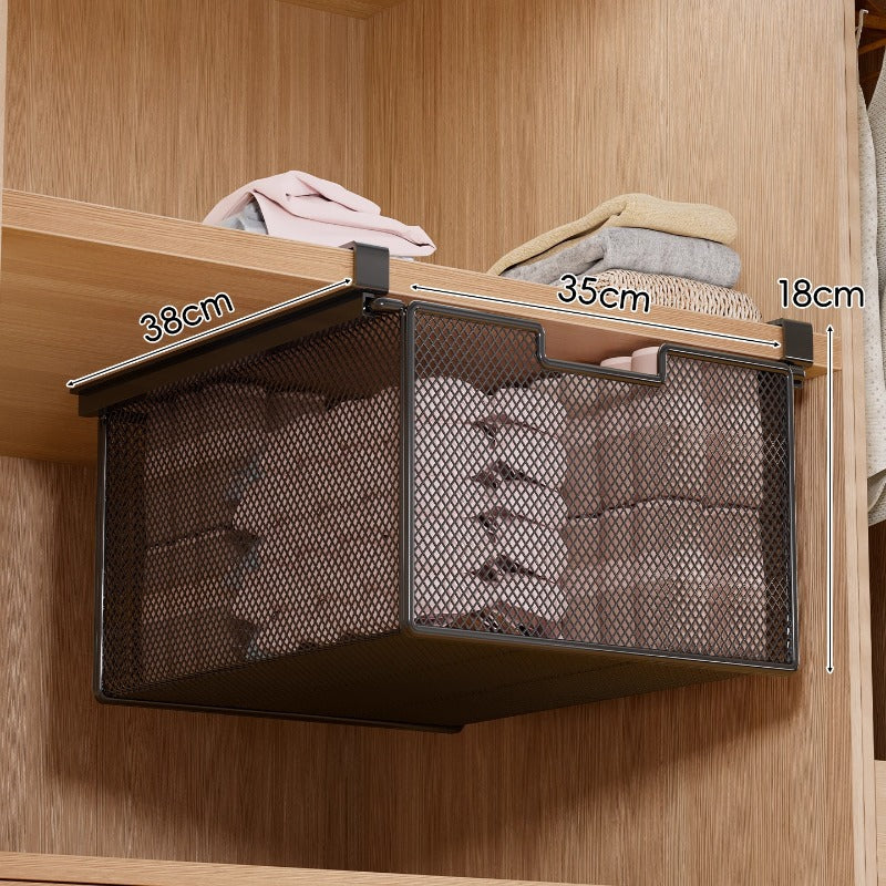 Under-Shelf Pull-Out Metal Mesh Closet Basket Organiser with Clamp Rail