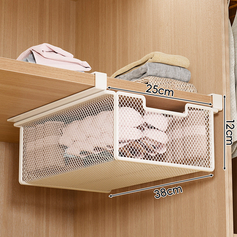 Under-Shelf Pull-Out Metal Mesh Closet Basket Organiser with Clamp Rail
