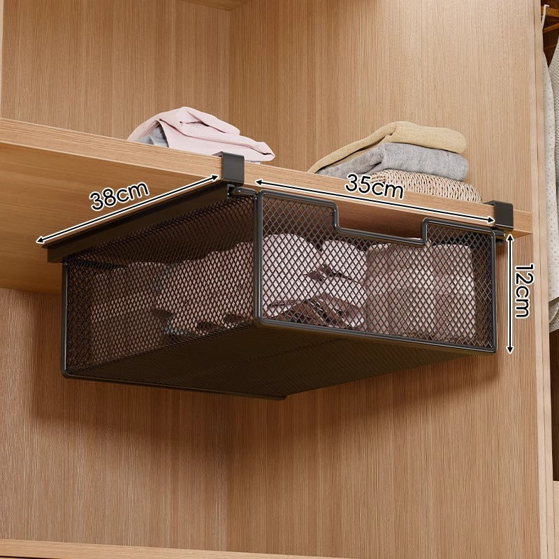 Under-Shelf Pull-Out Metal Mesh Closet Basket Organiser with Clamp Rail