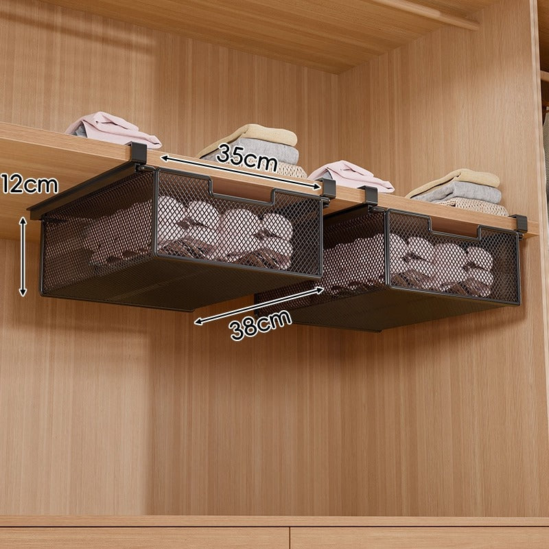 Under-Shelf Pull-Out Metal Mesh Closet Basket Organiser with Clamp Rail