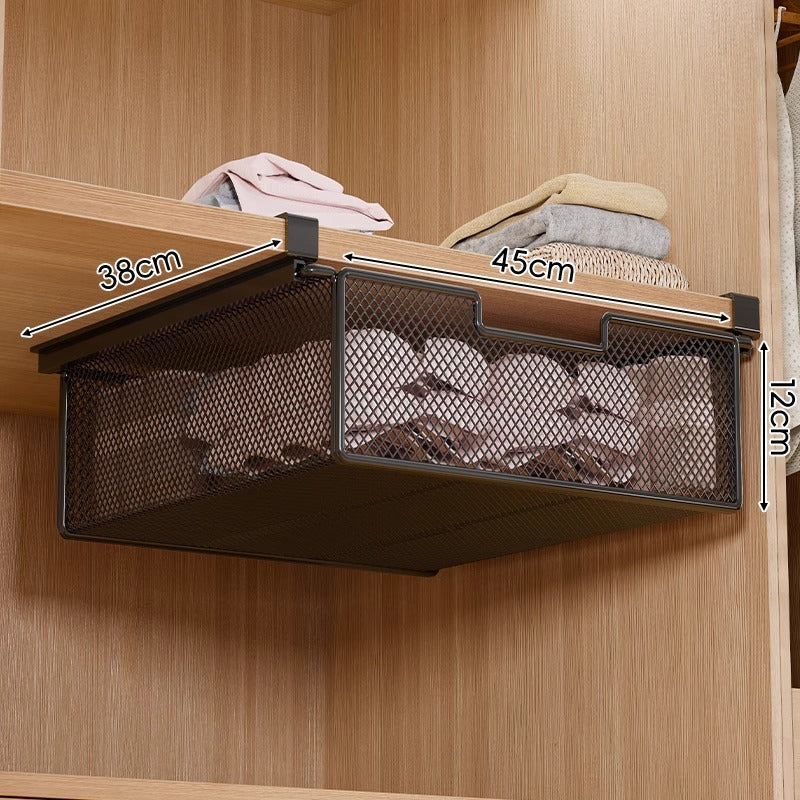 Under-Shelf Pull-Out Metal Mesh Closet Basket Organiser with Clamp Rail