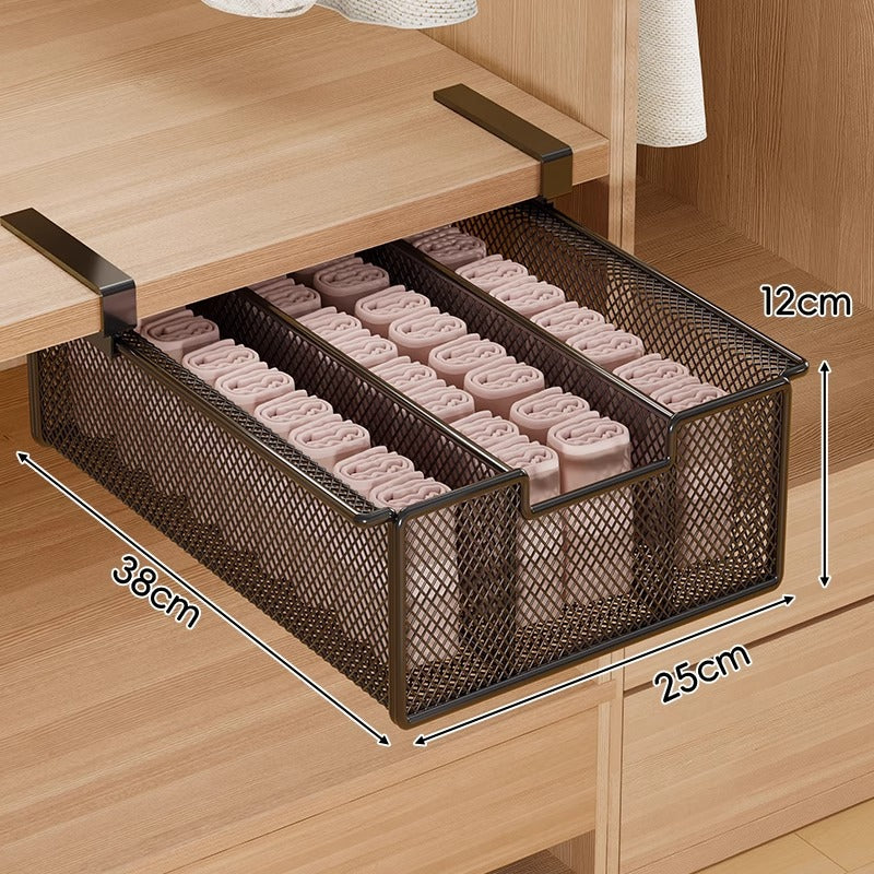 Under-Shelf Pull-Out Metal Mesh Closet Basket Organiser with Clamp Rail