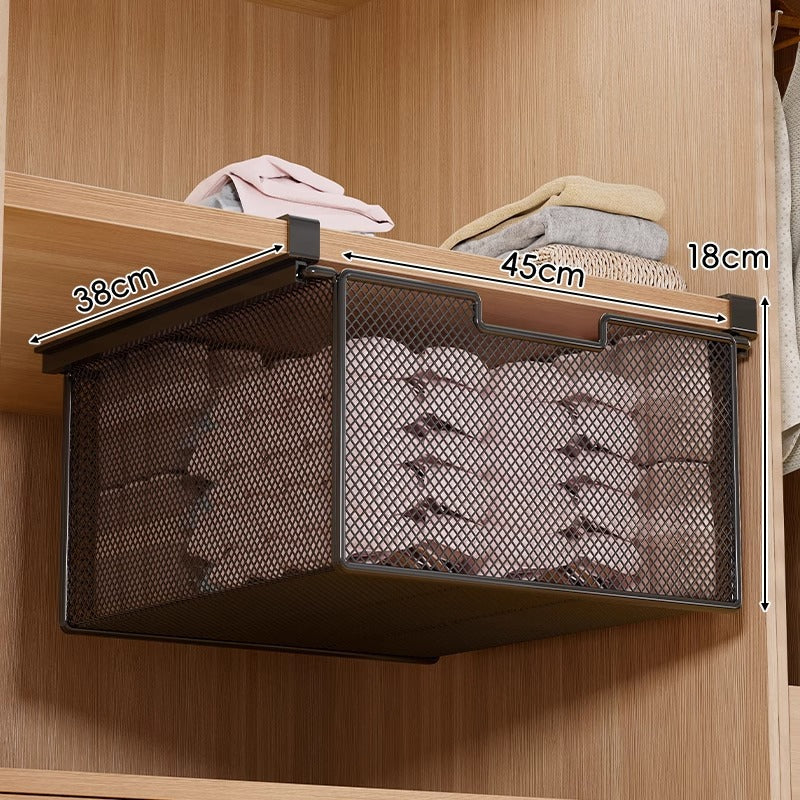 Under-Shelf Pull-Out Metal Mesh Closet Basket Organiser with Clamp Rail
