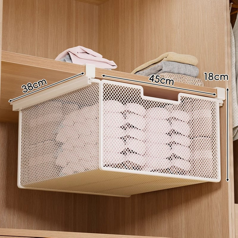Under-Shelf Pull-Out Metal Mesh Closet Basket Organiser with Clamp Rail