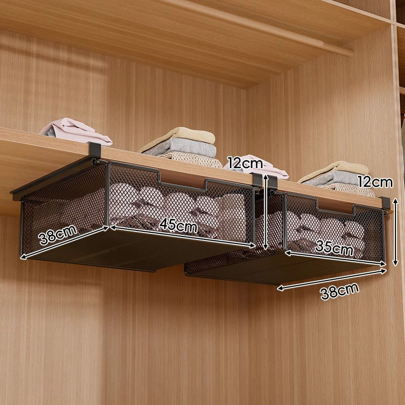 Under-Shelf Pull-Out Metal Mesh Closet Basket Organiser with Clamp Rail