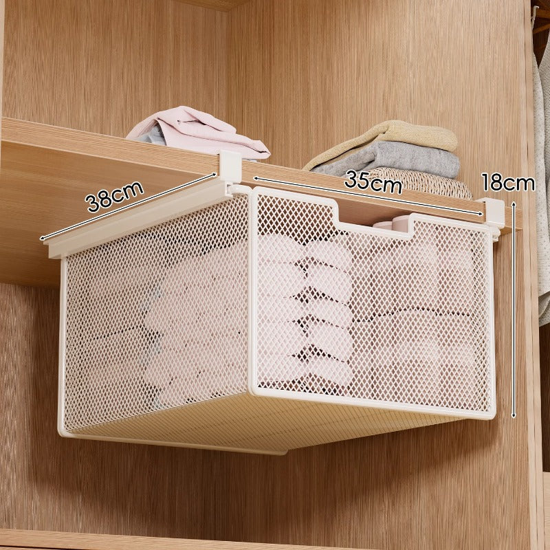 Under-Shelf Pull-Out Metal Mesh Closet Basket Organiser with Clamp Rail