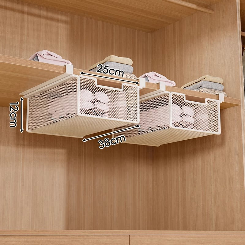 Under-Shelf Pull-Out Metal Mesh Closet Basket Organiser with Clamp Rail