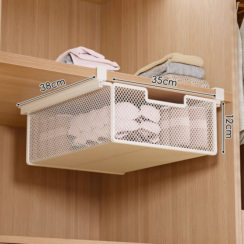 Under-Shelf Pull-Out Metal Mesh Closet Basket Organiser with Clamp Rail