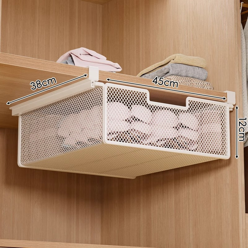 Under-Shelf Pull-Out Metal Mesh Closet Basket Organiser with Clamp Rail