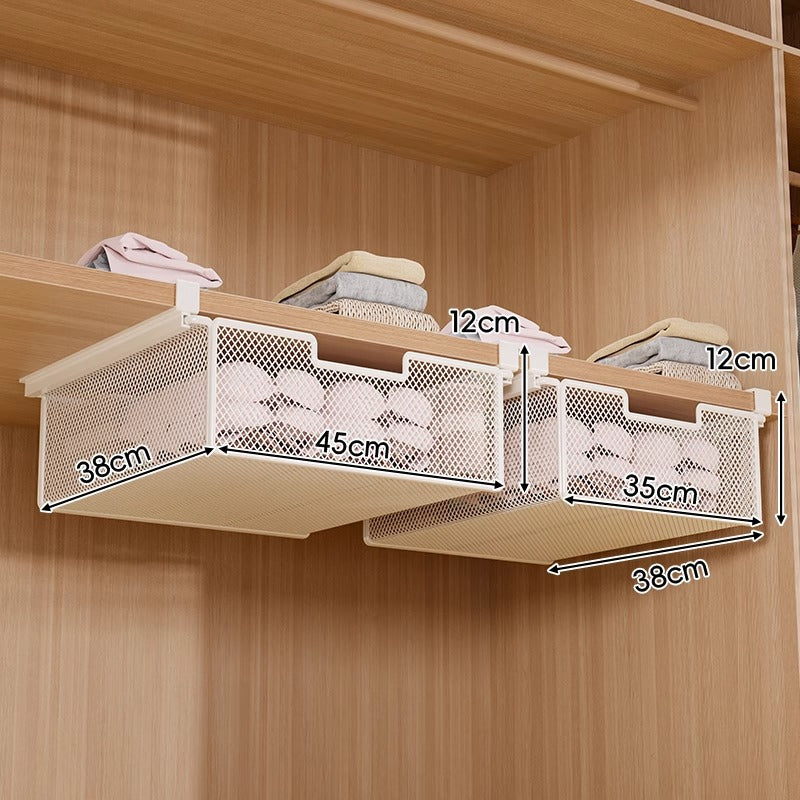 Under-Shelf Pull-Out Metal Mesh Closet Basket Organiser with Clamp Rail