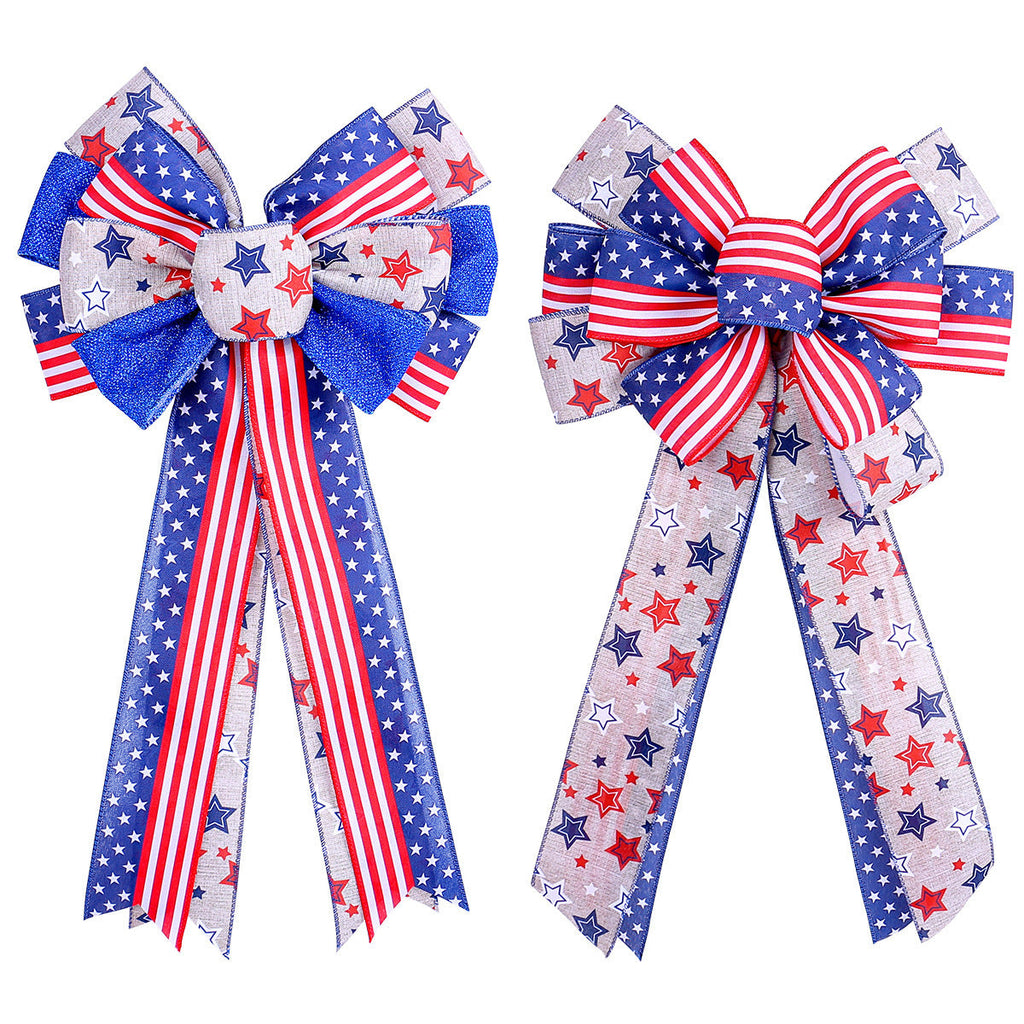 Unisex Patriotic USA Star and Stripe Ribbon Bow Set with Wired Tails and Clip Attachment
