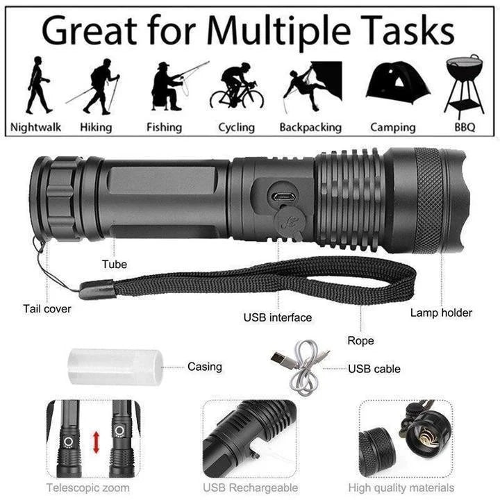 Universal XHP50.2 LED Torch 90,000 Lumens with Zoom and USB
