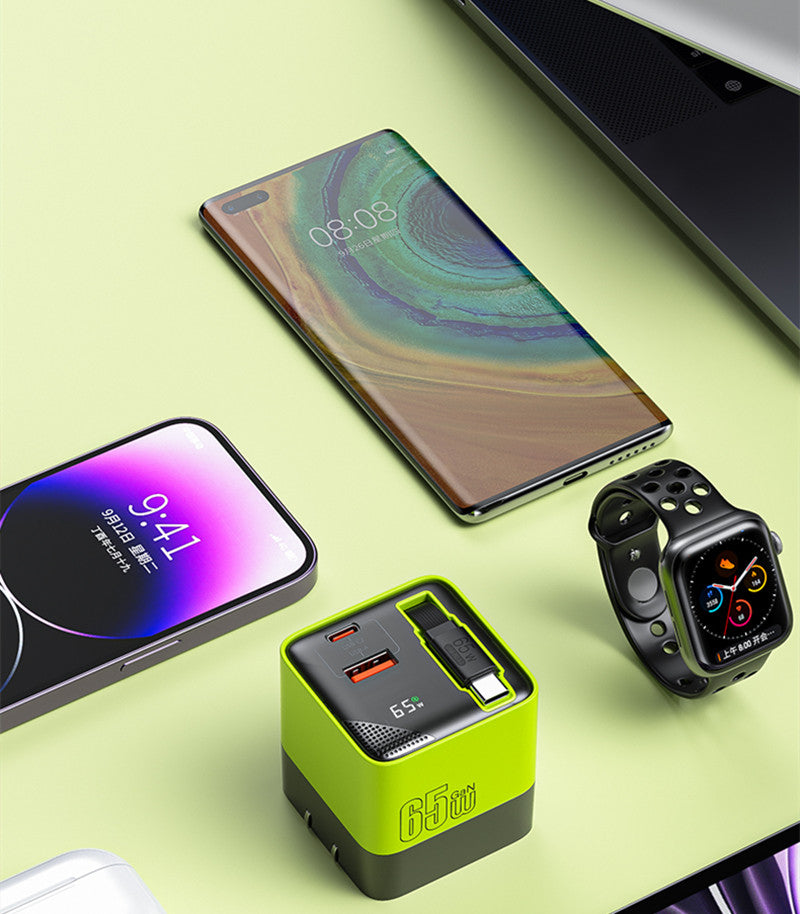USB-C multi-port charger with built-in retractable cable