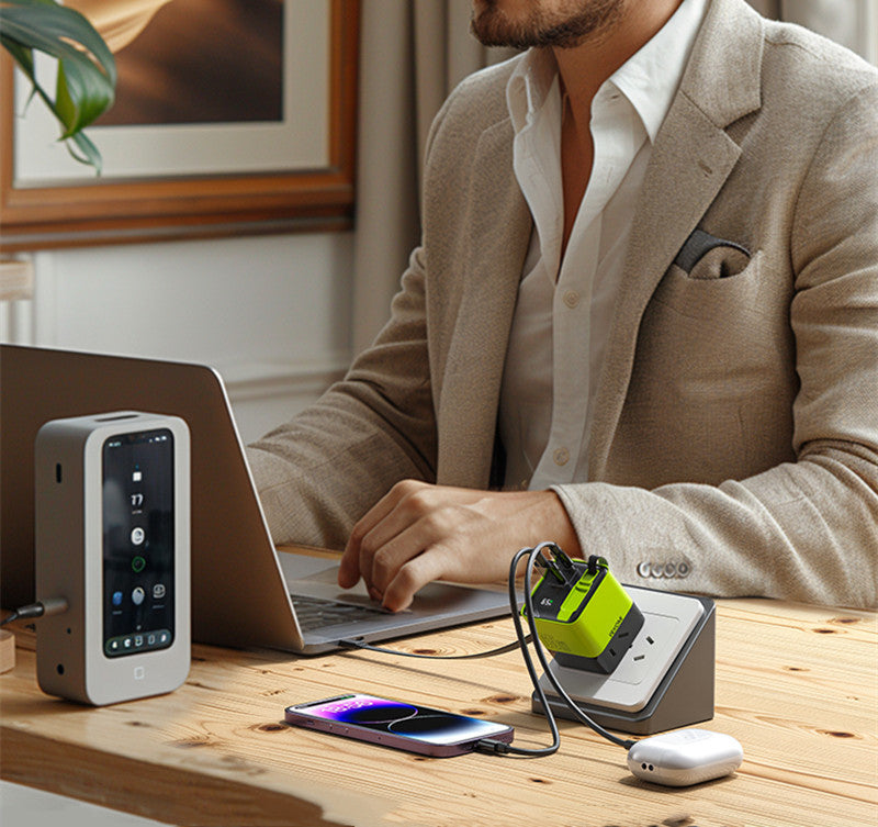 USB-C multi-port charger with built-in retractable cable