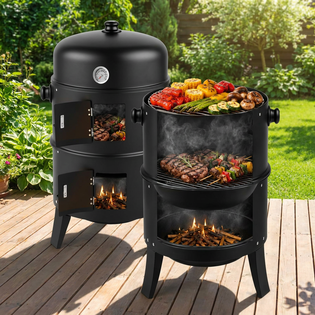 Vertical Charcoal Smoker Grill with Thermometer and Dual Access Doors