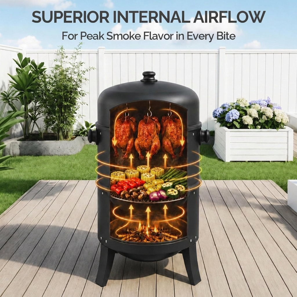 Vertical Charcoal Smoker Grill with Thermometer and Dual Access Doors