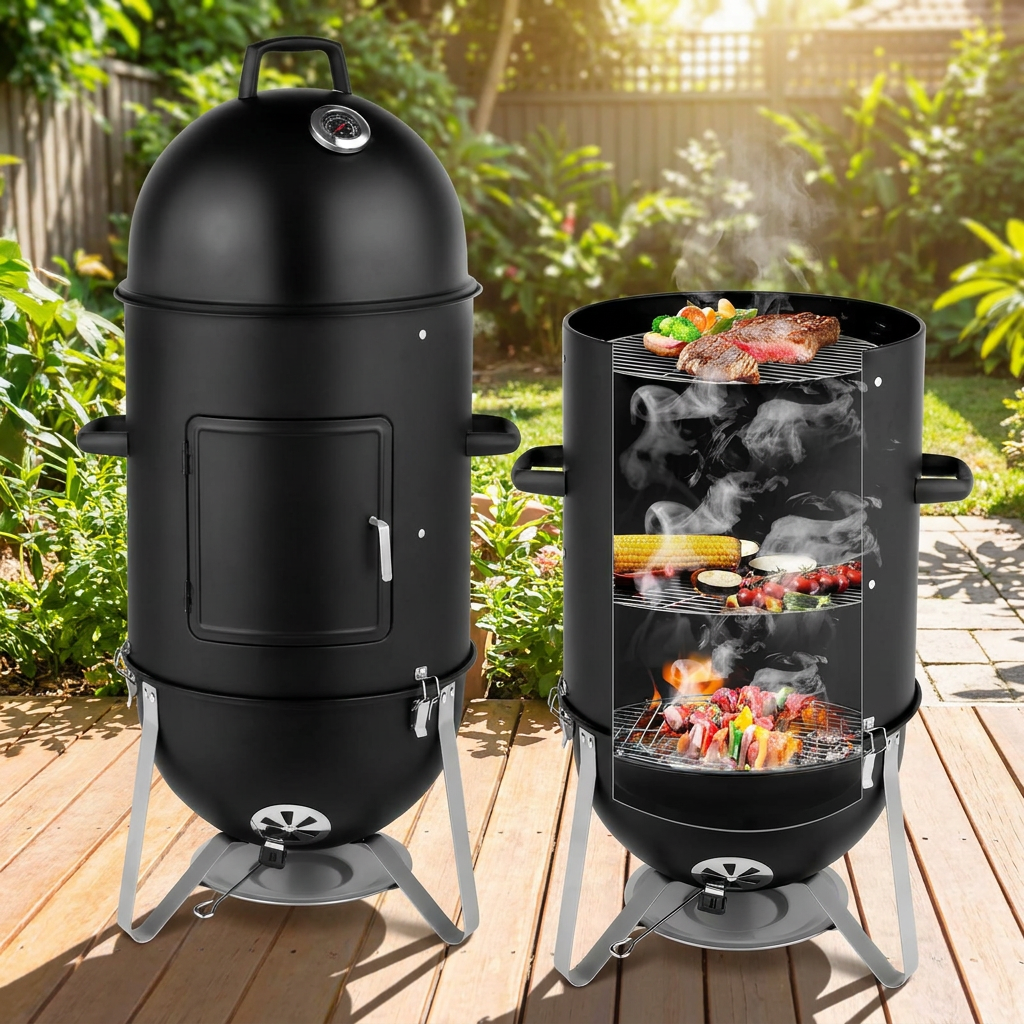 Vertical Charcoal Smoker Grill with Thermometer and Dual Access Doors