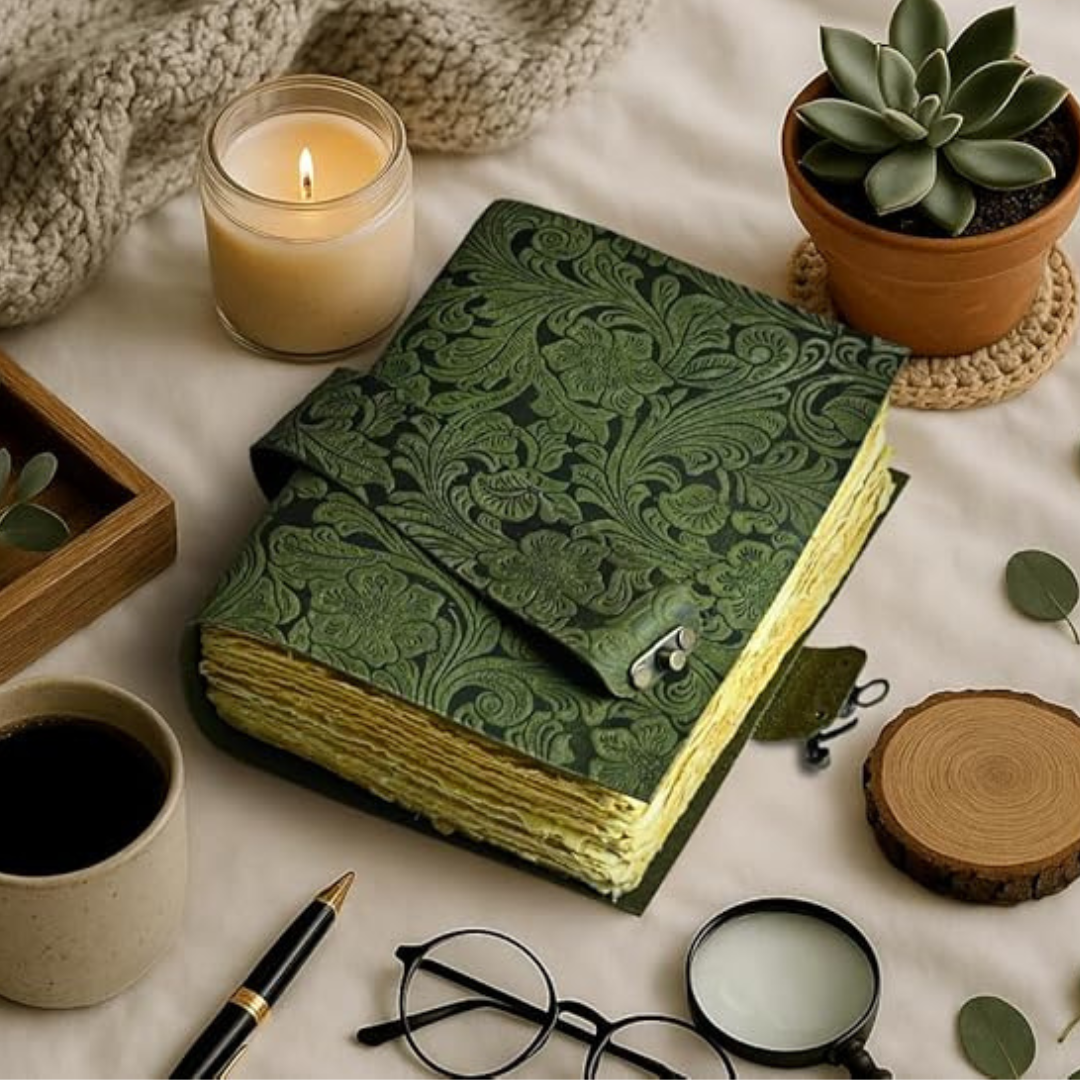 Vintage Leather Notebook with Embossed Flowers – Compact Handcrafted Journal with Floral Relief Design