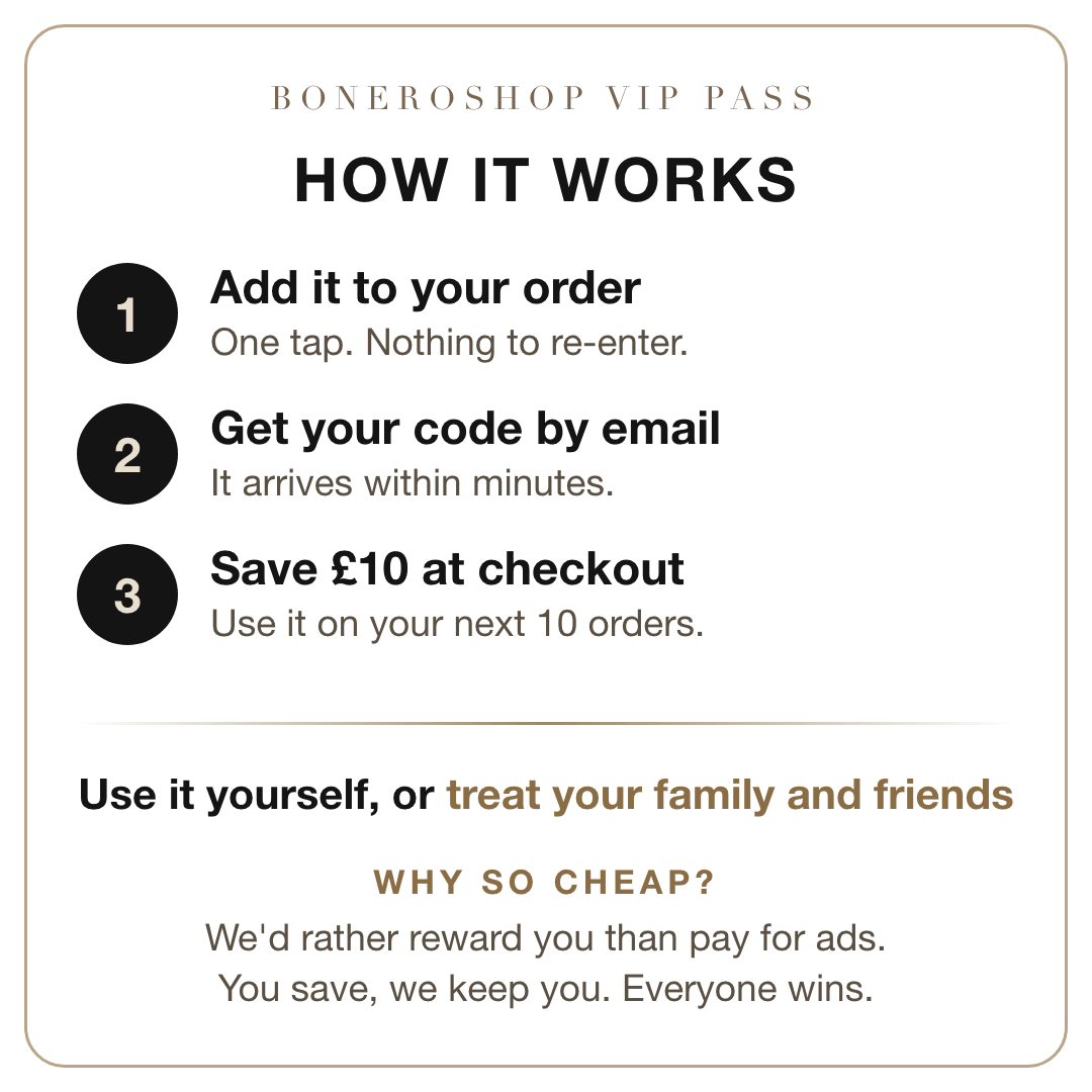 How the Boneroshop VIP Pass works: add it, get your code by email, save £10 on your next 10 orders