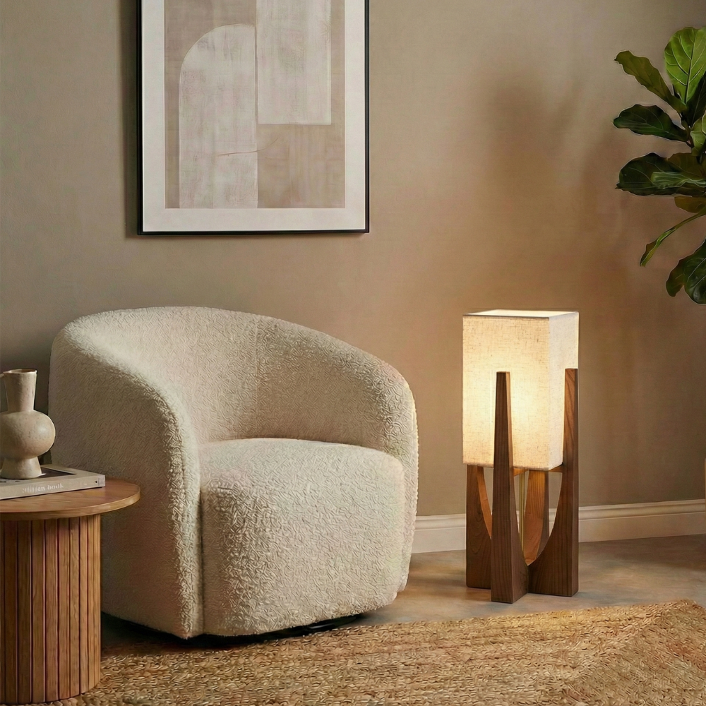 Wabi Sabi Floor Lamp with Fabric Shade and Wooden Base for Living Room