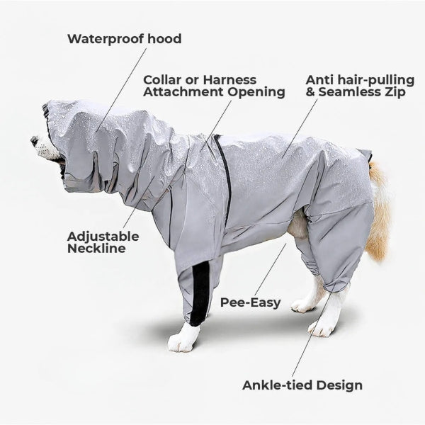 Waterproof dog coat with legs – reflective rain jacket for small and large breeds