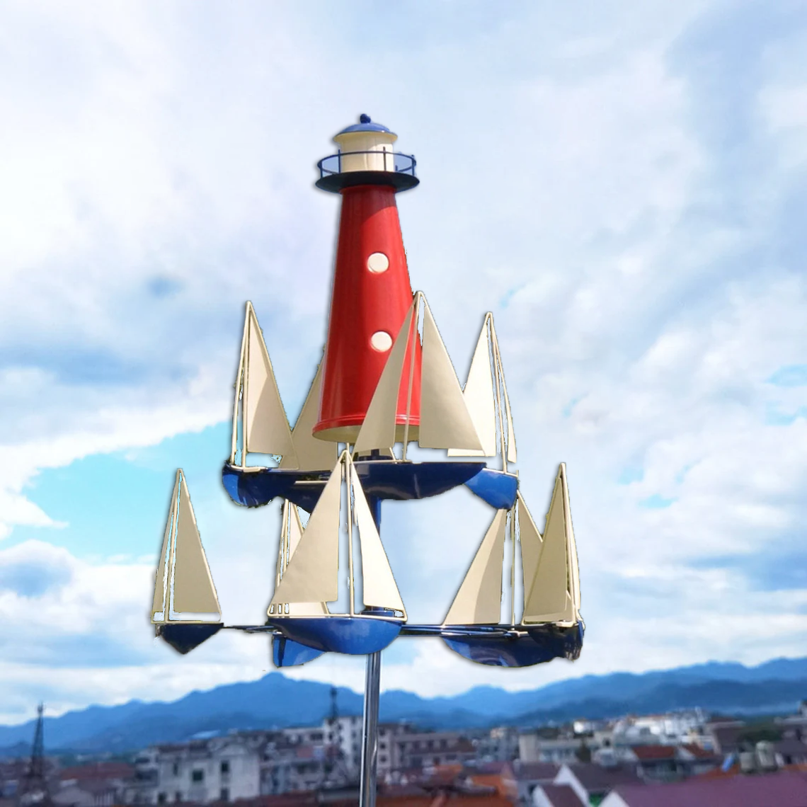 Wind Sculpture | Boat & Lighthouse Design | Solid Metal