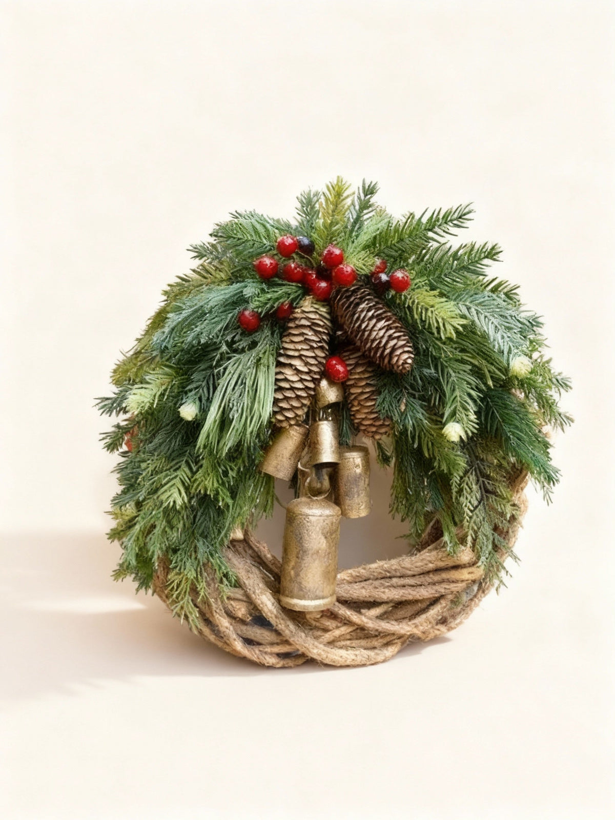Boneroshop | Handmade Bohemian Winter Wreath | Bells, Pinecones & Berries | 43 cm | Indoor/Outdoor