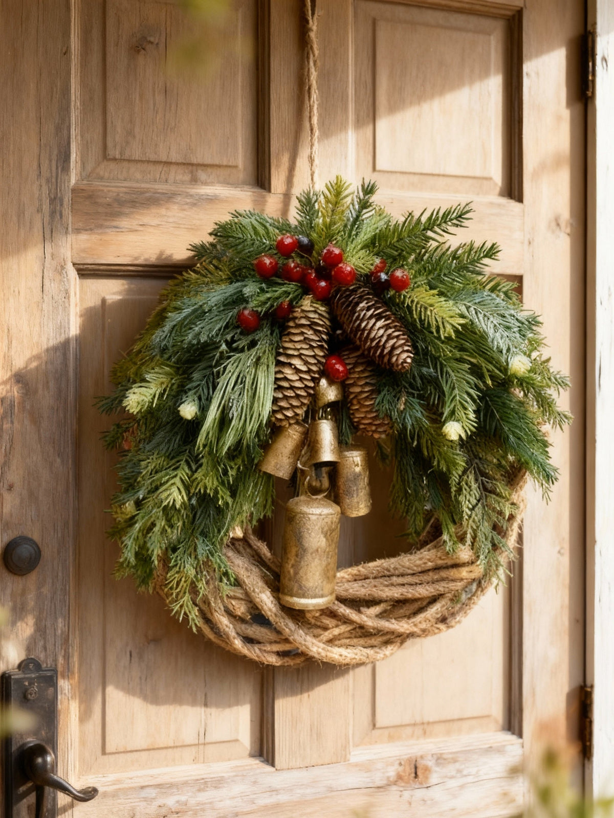 Boneroshop | Handmade Bohemian Winter Wreath | Bells, Pinecones & Berries | 43 cm | Indoor/Outdoor