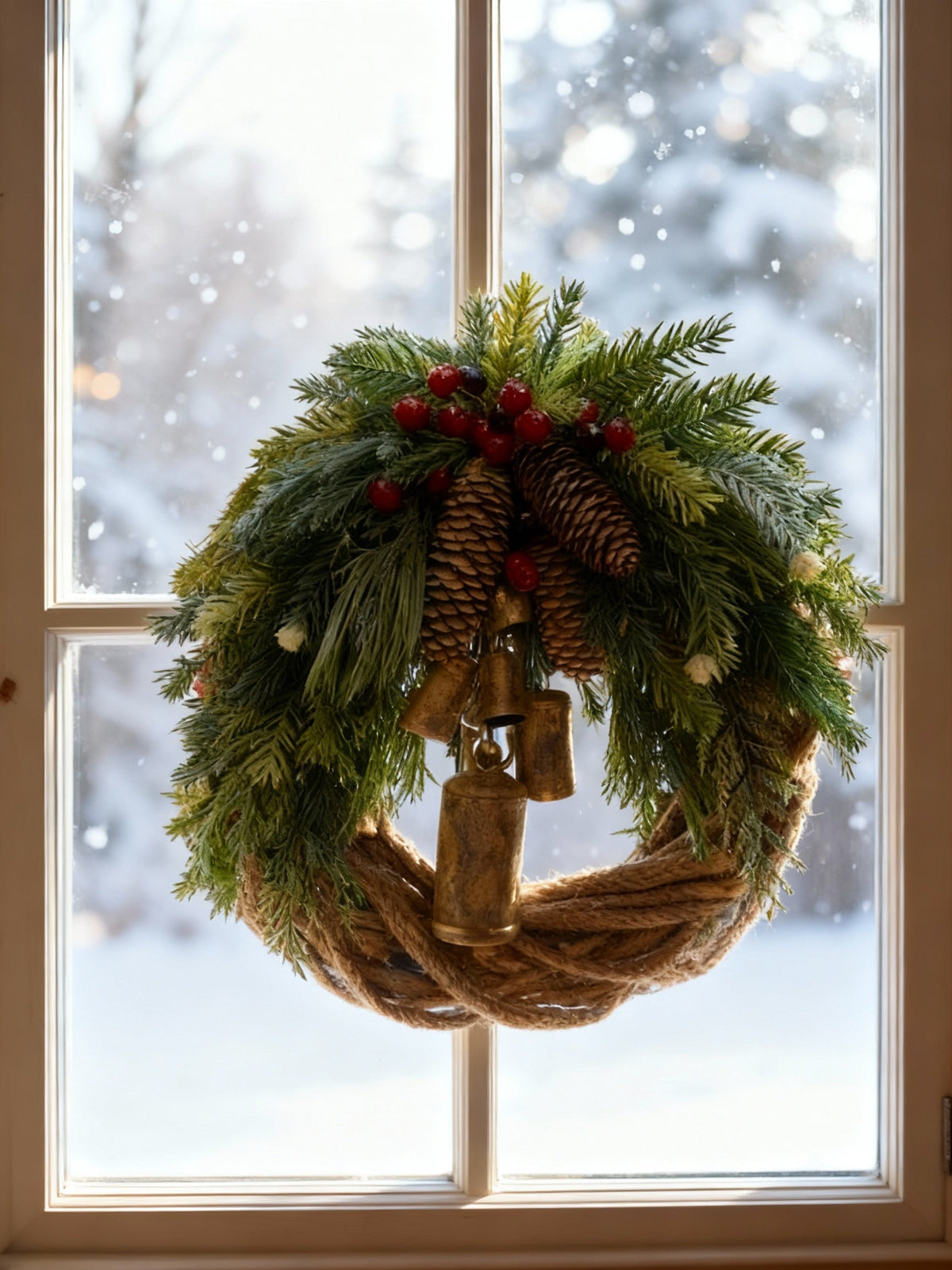 Boneroshop | Handmade Bohemian Winter Wreath | Bells, Pinecones & Berries | 43 cm | Indoor/Outdoor