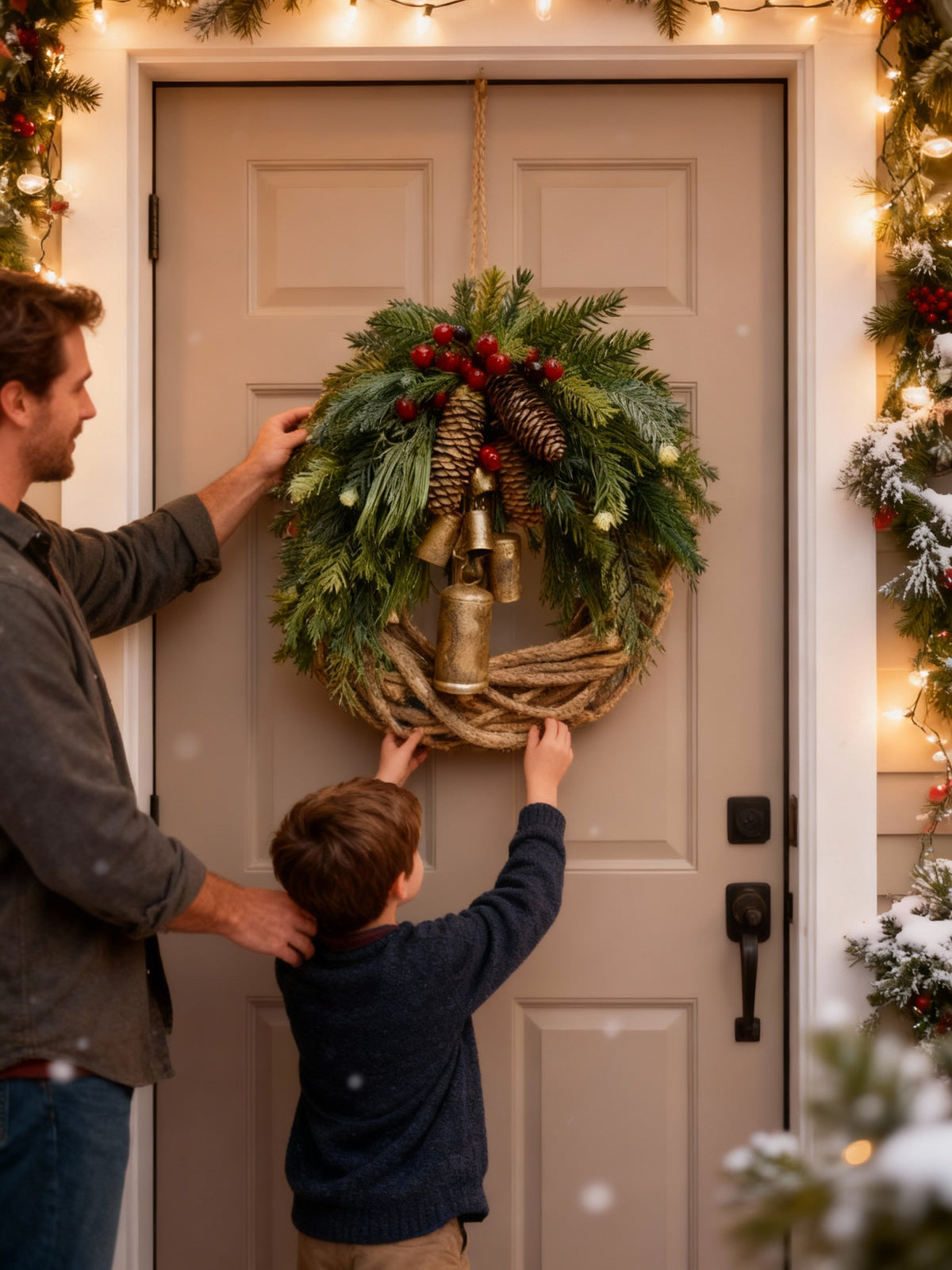 Boneroshop | Handmade Bohemian Winter Wreath | Bells, Pinecones & Berries | 43 cm | Indoor/Outdoor