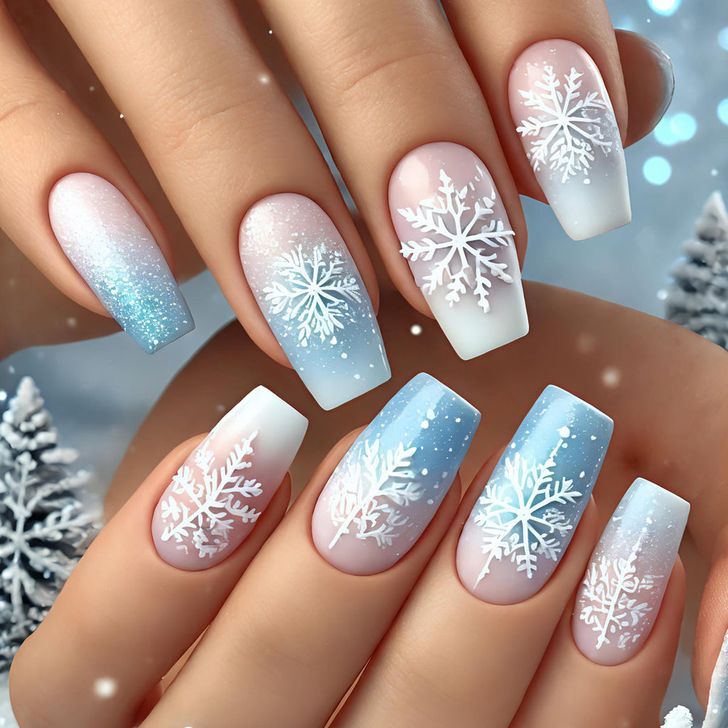 Wintry Artistic Nails with Shimmering Snowflake Design
