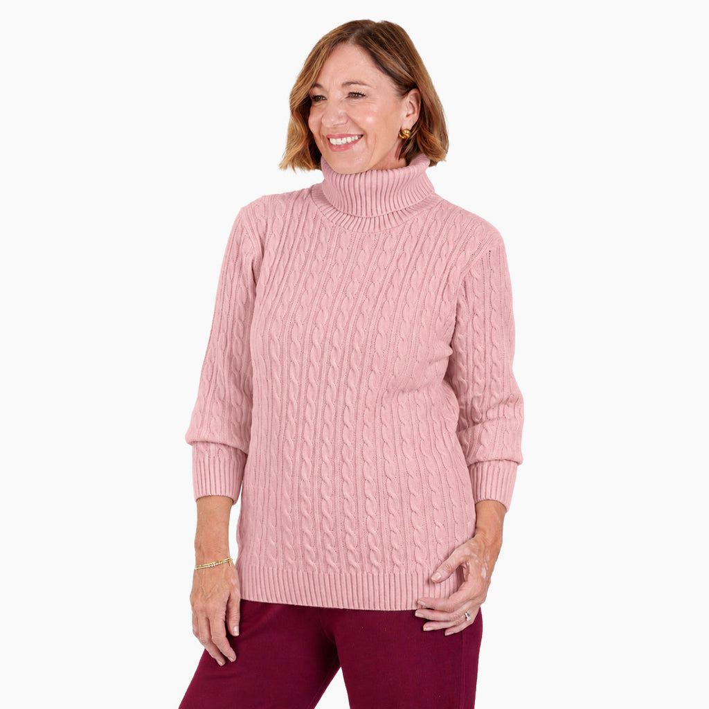 Women's Cable Knit Roll Neck Jumper with Long Sleeves & Ribbed Trims