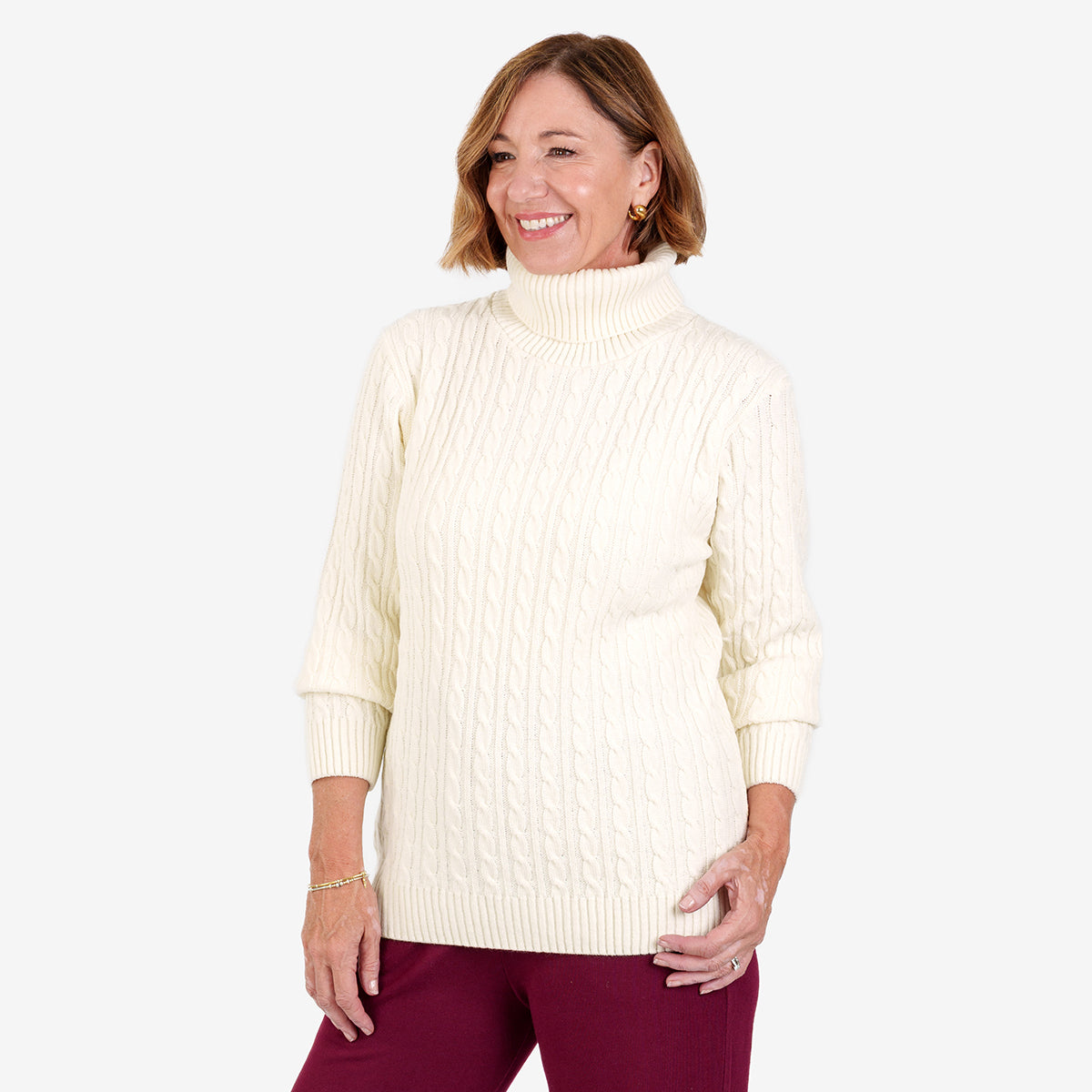 Women's Cable Knit Roll Neck Jumper with Long Sleeves & Ribbed Trims