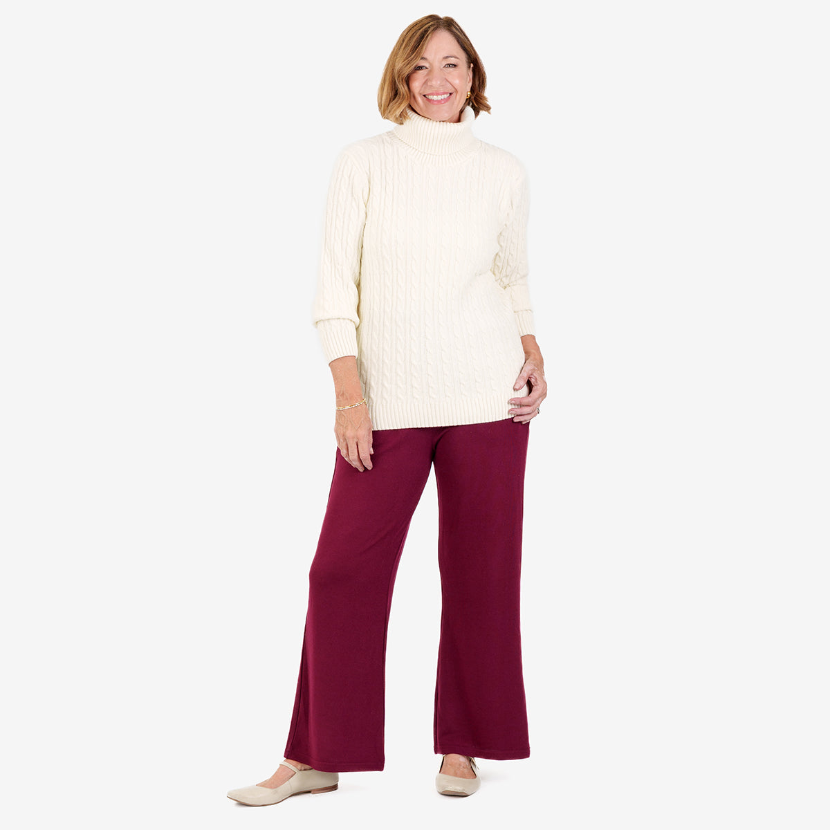 Women's Cable Knit Roll Neck Jumper with Long Sleeves & Ribbed Trims