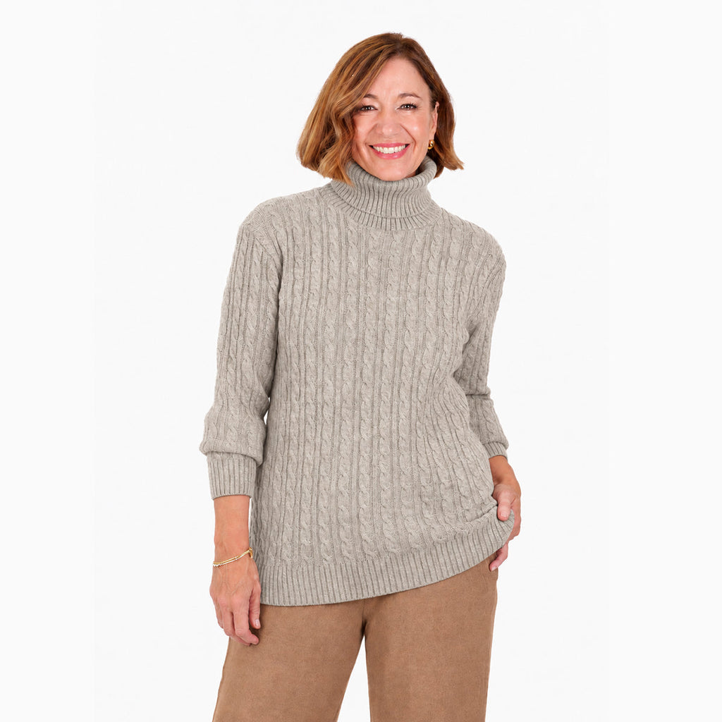 Women's Cable Knit Roll Neck Jumper with Long Sleeves & Ribbed Trims