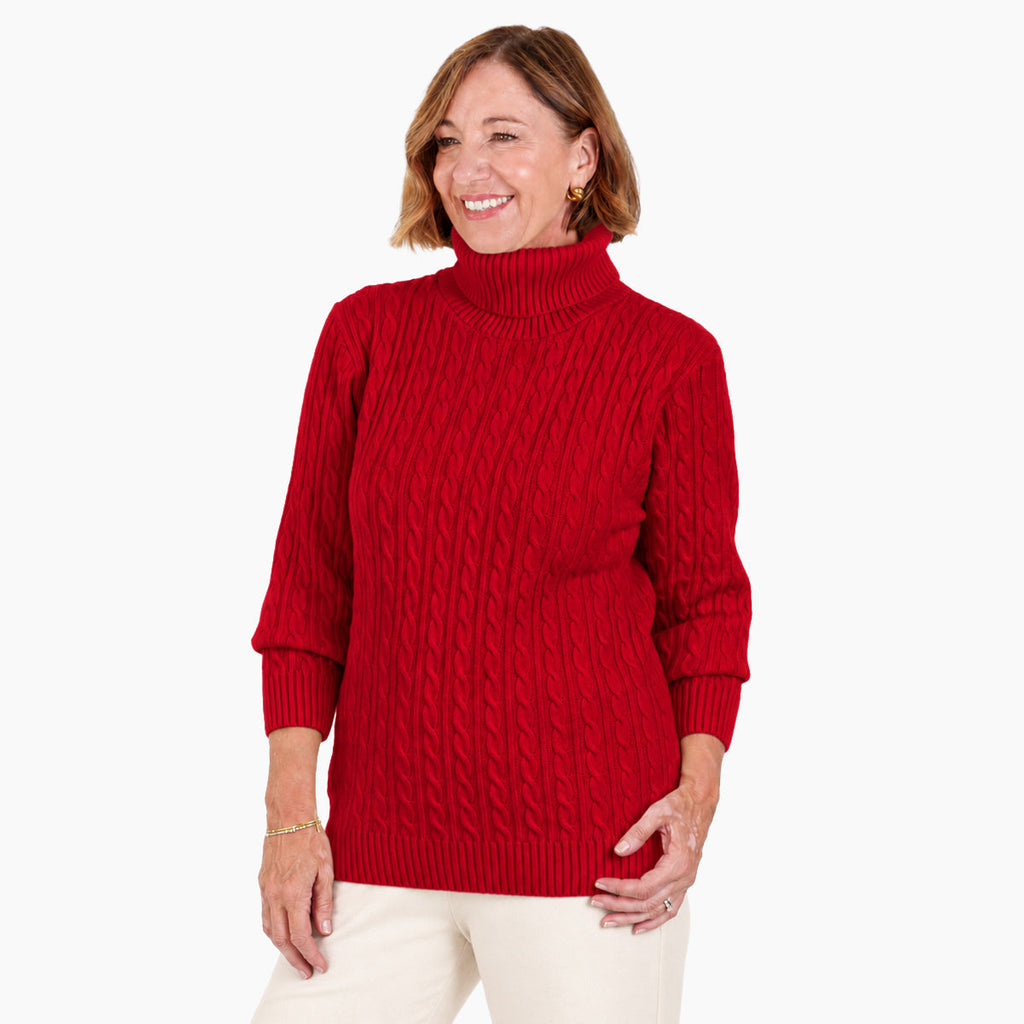 Women's Cable Knit Roll Neck Jumper with Long Sleeves & Ribbed Trims