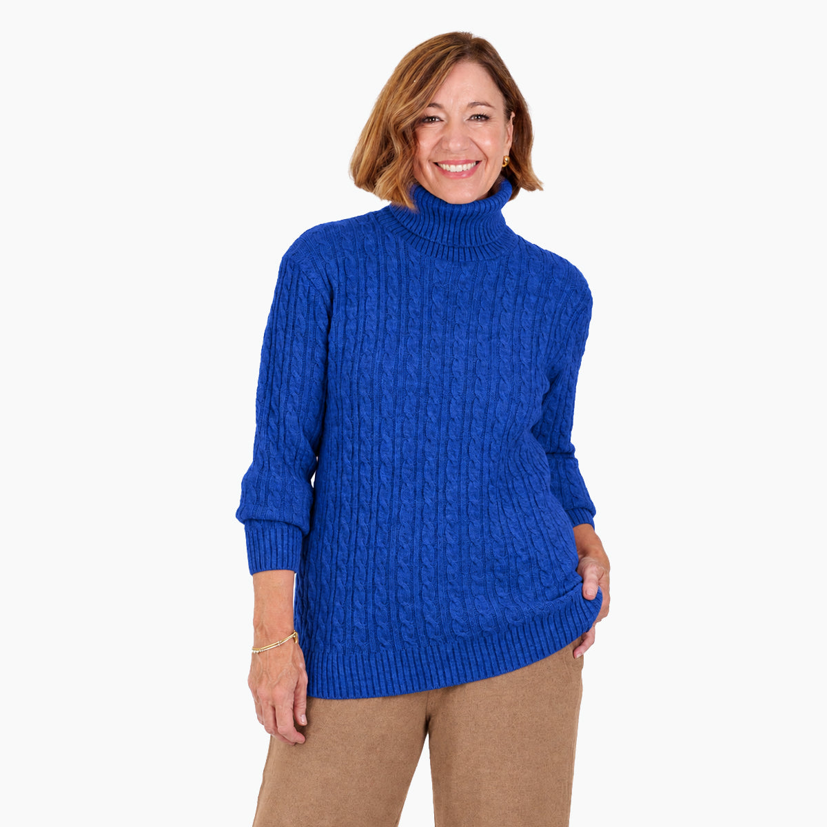 Women's Cable Knit Roll Neck Jumper with Long Sleeves & Ribbed Trims