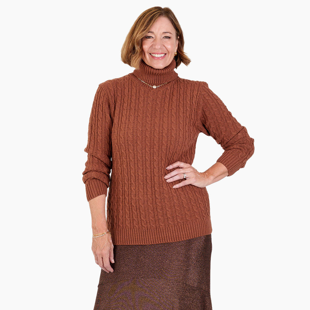 Women's Cable Knit Roll Neck Jumper with Long Sleeves & Ribbed Trims