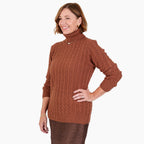 Women's Cable Knit Roll Neck Jumper with Long Sleeves & Ribbed Trims