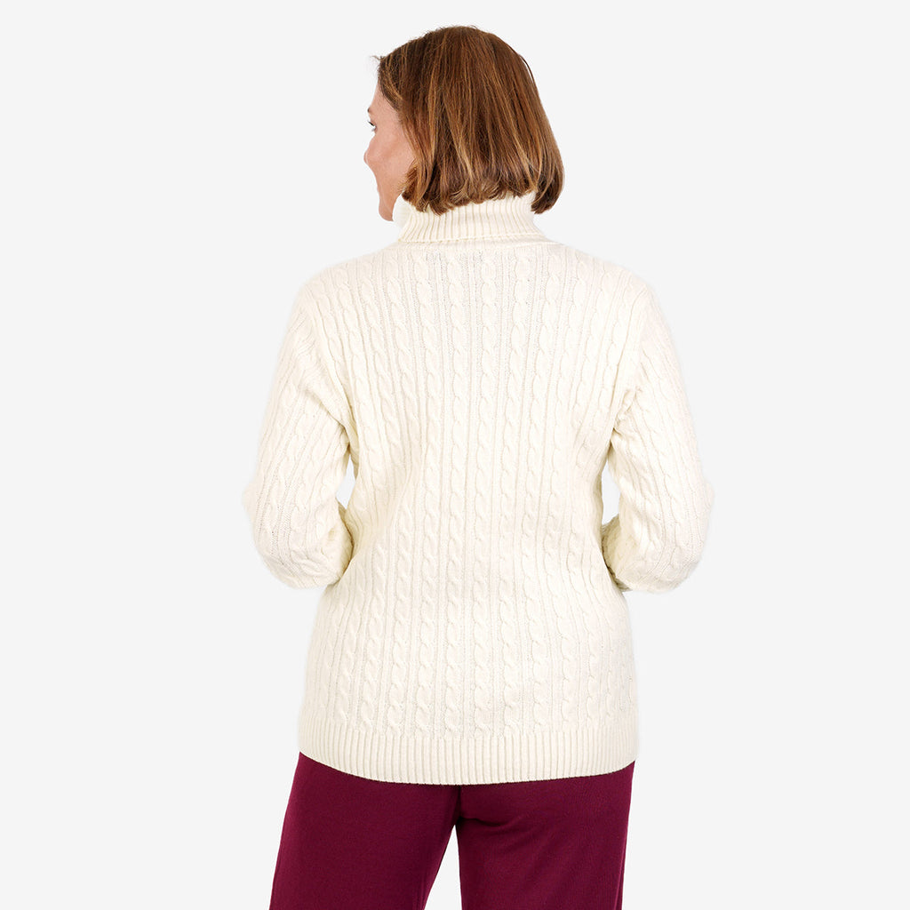 Women's Cable Knit Roll Neck Jumper with Long Sleeves & Ribbed Trims