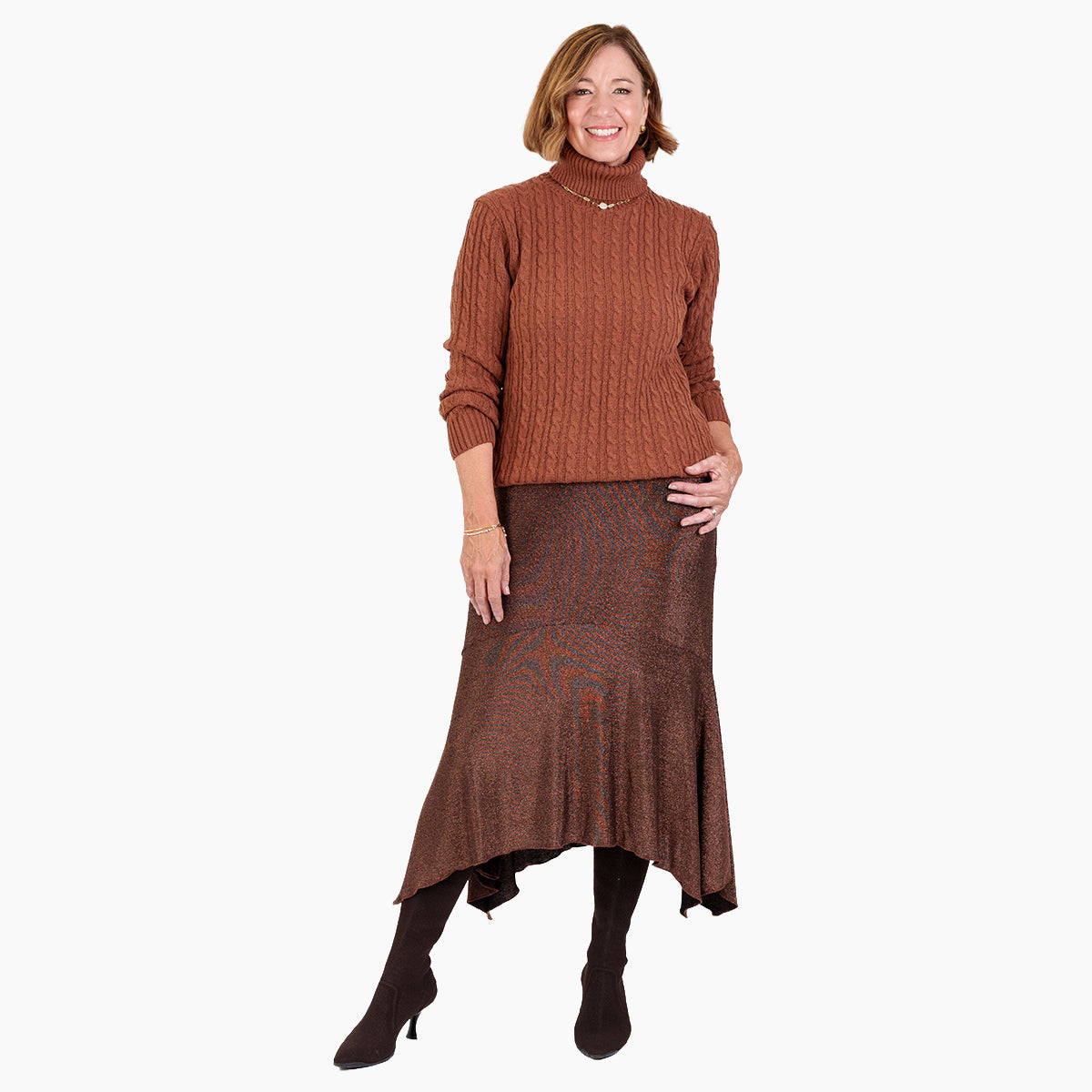 Women's Cable Knit Roll Neck Jumper with Long Sleeves & Ribbed Trims
