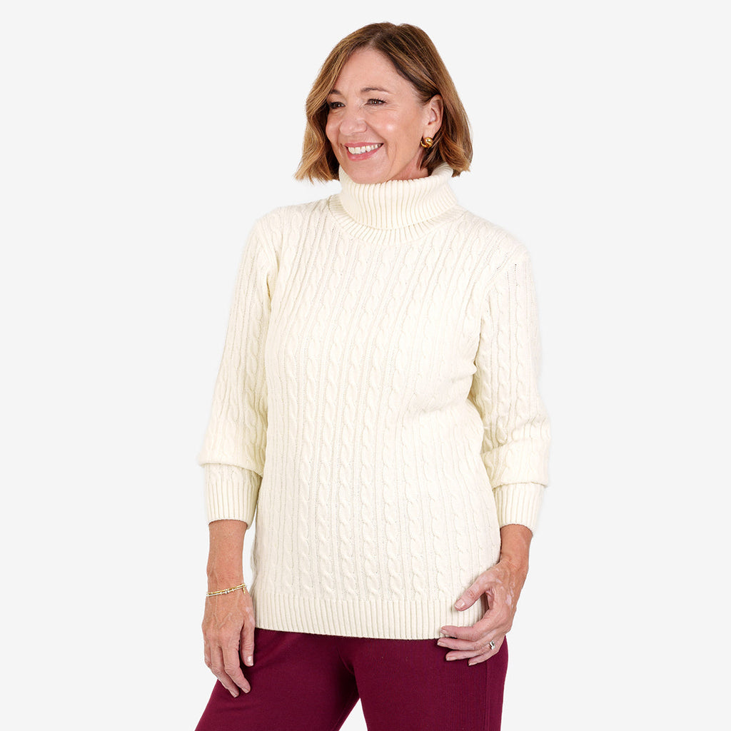 Women's Cable Knit Roll Neck Jumper with Long Sleeves & Ribbed Trims