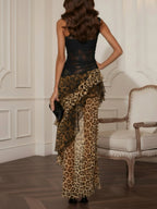 Women's Elegant Leopard Print Maxi Dress with Lace & Thigh Slit