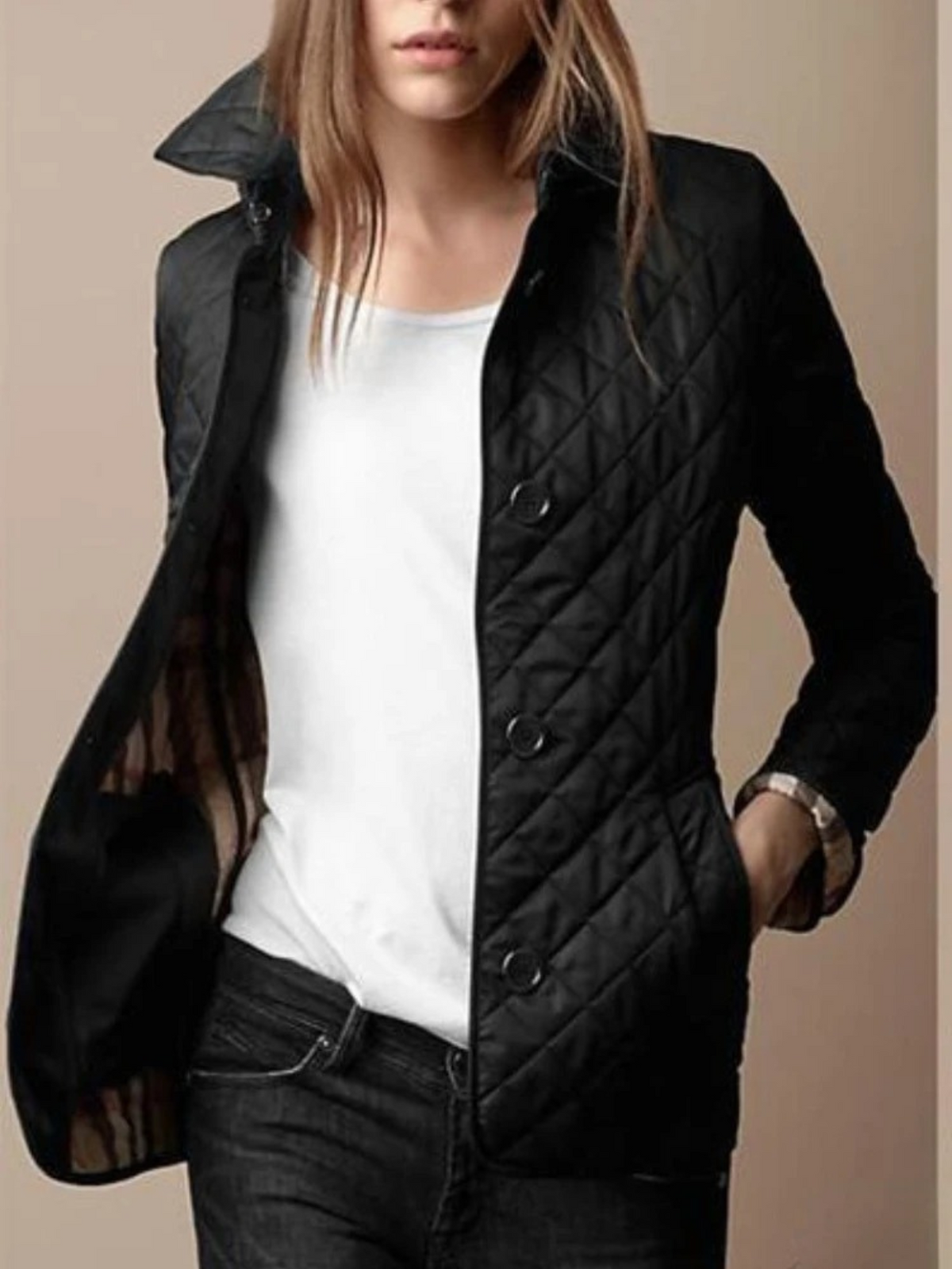 Women's Elegant Quilted Jacket with Classic Turned-Down Collar
