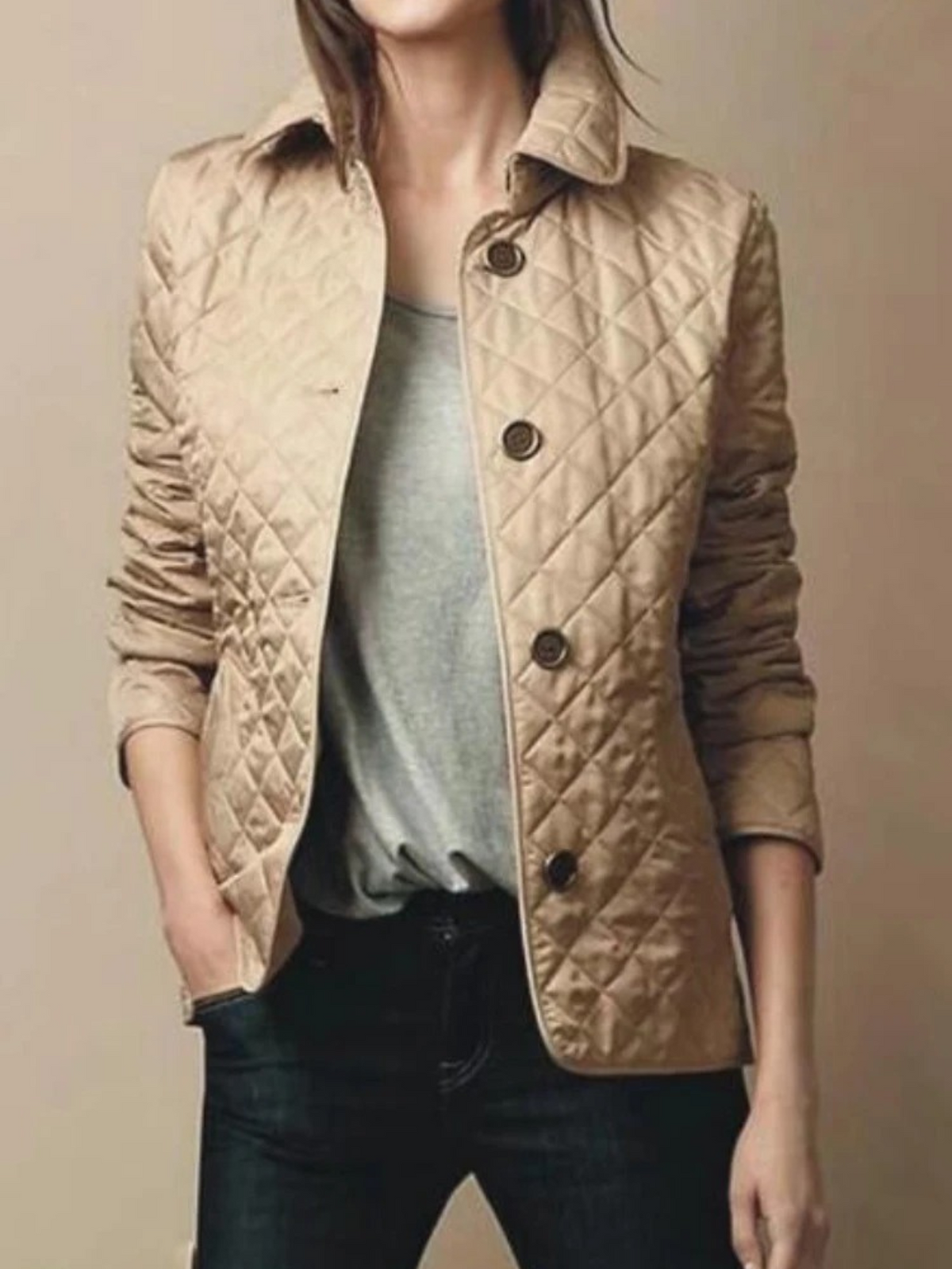 Women's Elegant Quilted Jacket with Classic Turned-Down Collar