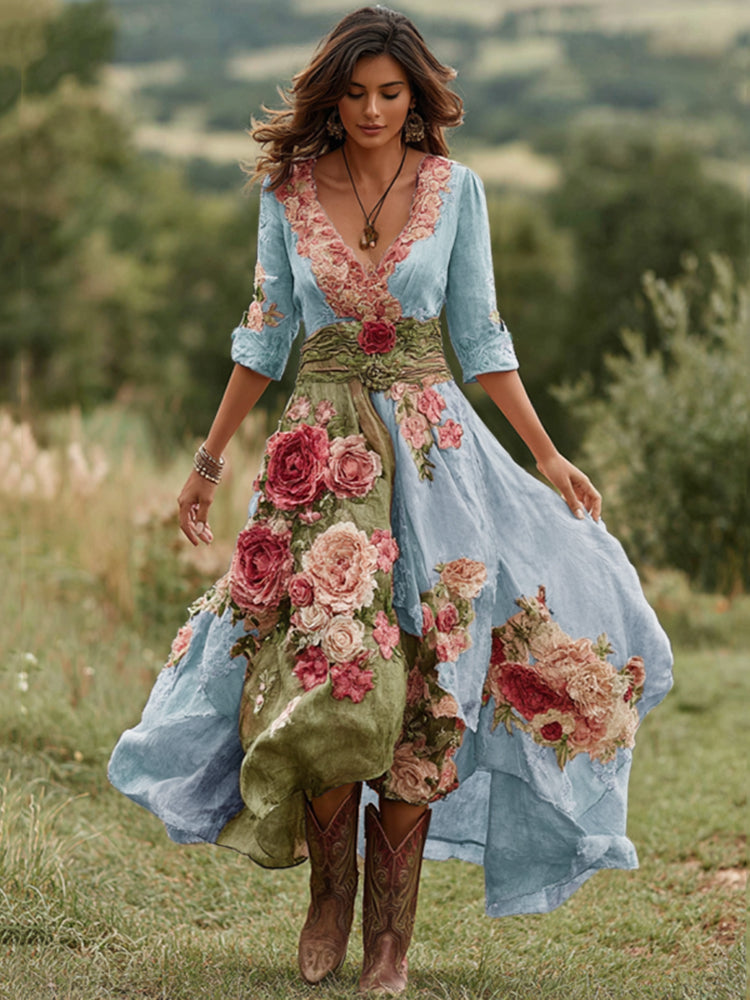 Women's Floral Print Midi Dress with Asymmetric Hem