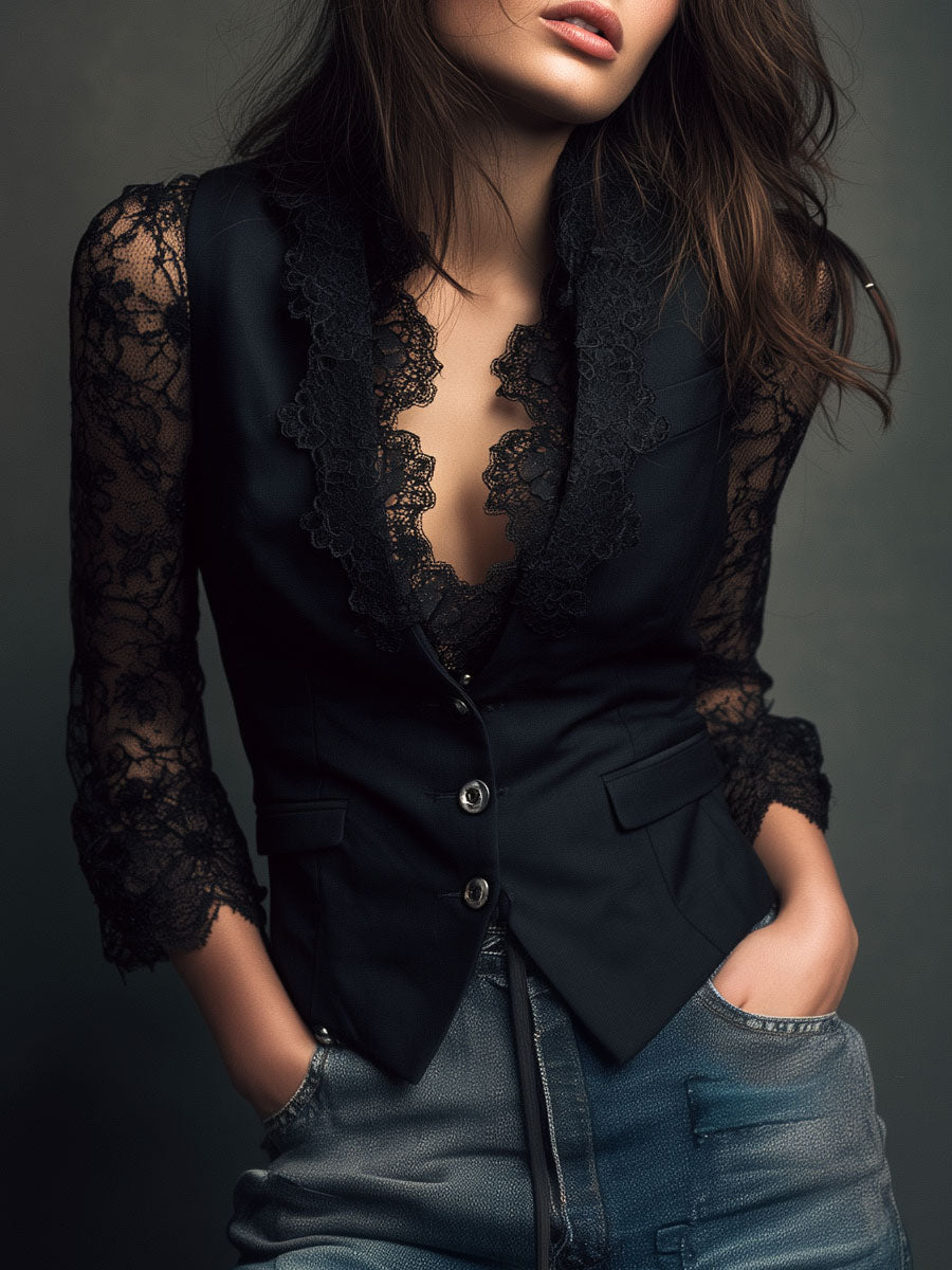 Women's Lace Trim Blazer Blouse – Smart Evening Top