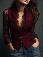 Women's Lace Trim Blazer Blouse – Smart Evening Top