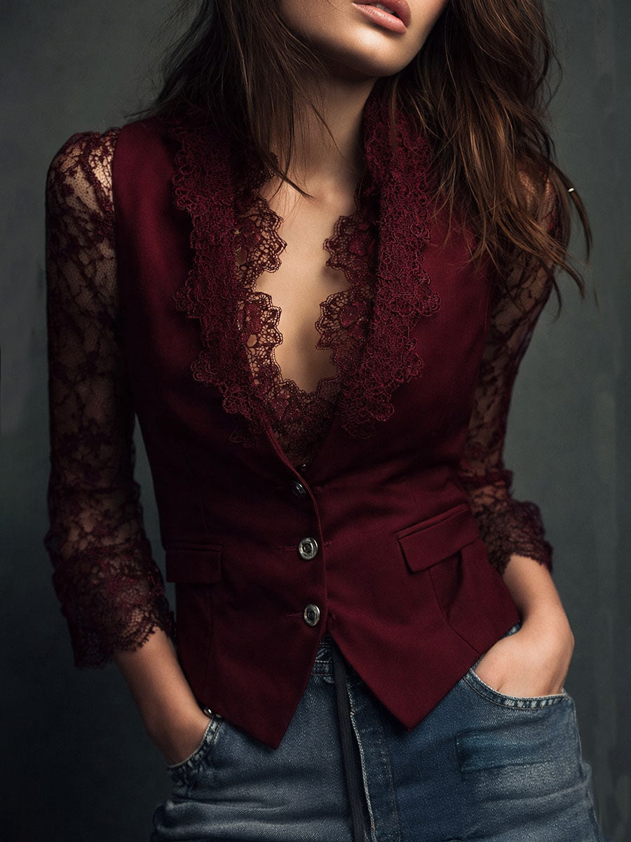 Women's Lace Trim Blazer Blouse – Smart Evening Top